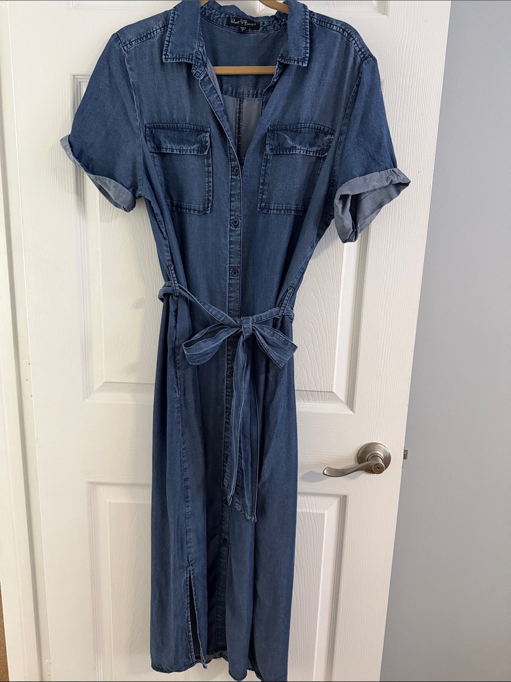 Velvet Heart Indigo Denim Maxi Shirt Dress with Self Tie - size Large - Picture 1 of 11